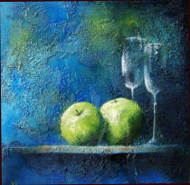 Appels met glas in blauw   30 x 30